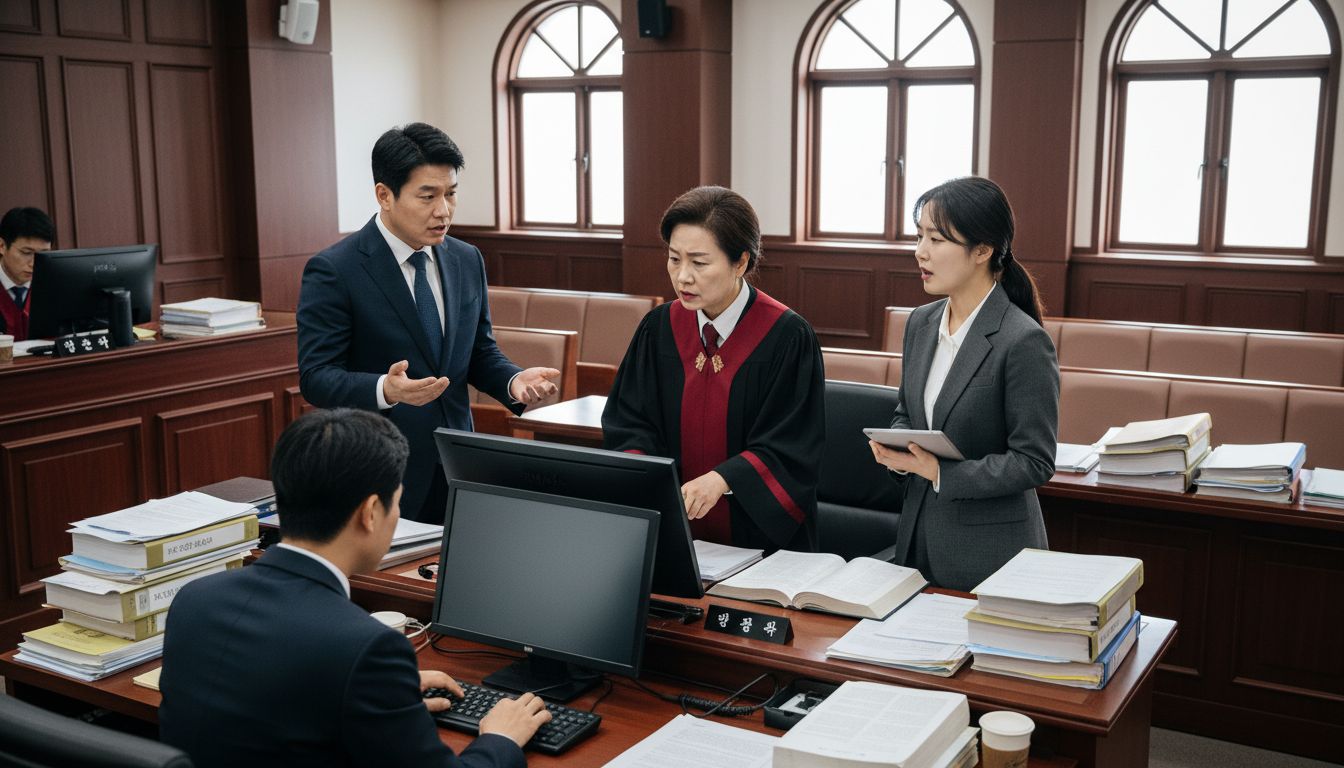 법정에서 판사와 변호사들이 소송을 진행하는 모습