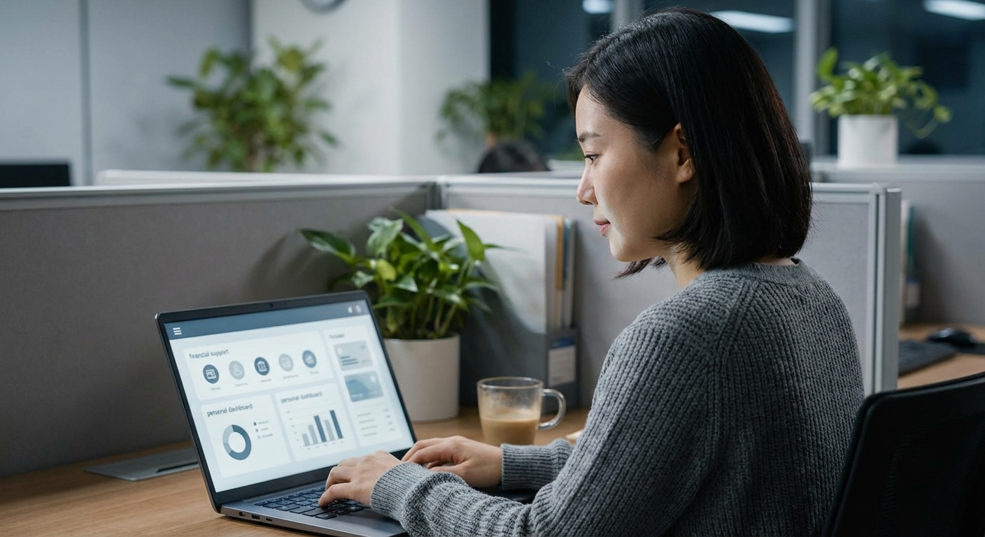 한국인 성인이 노트북 화면으로 정부 재정 지원 프로그램이나 개인 재정 포털을 확인하는 모습