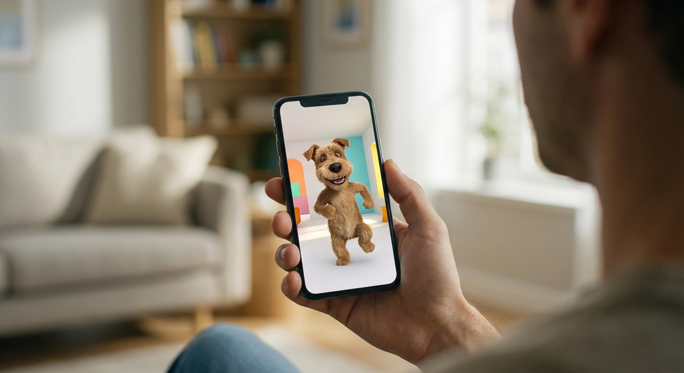 한글 성인이 스마트폰으로 AI가 만든 춤추는 강아지 영상을 즐겁게 시청하는 모습.