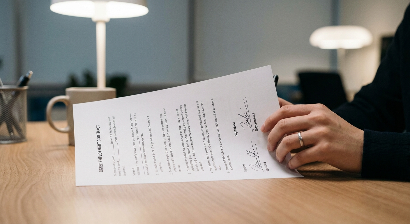 서명된 근로계약서를 들고 있는 한국 청년 근로자의 손