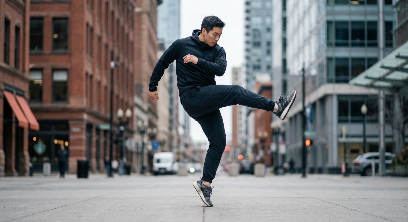 세련된 스포츠웨어를 은근히 보여주며 역동적인 춤 동작을 선보이는 한국인 남성 댄서.