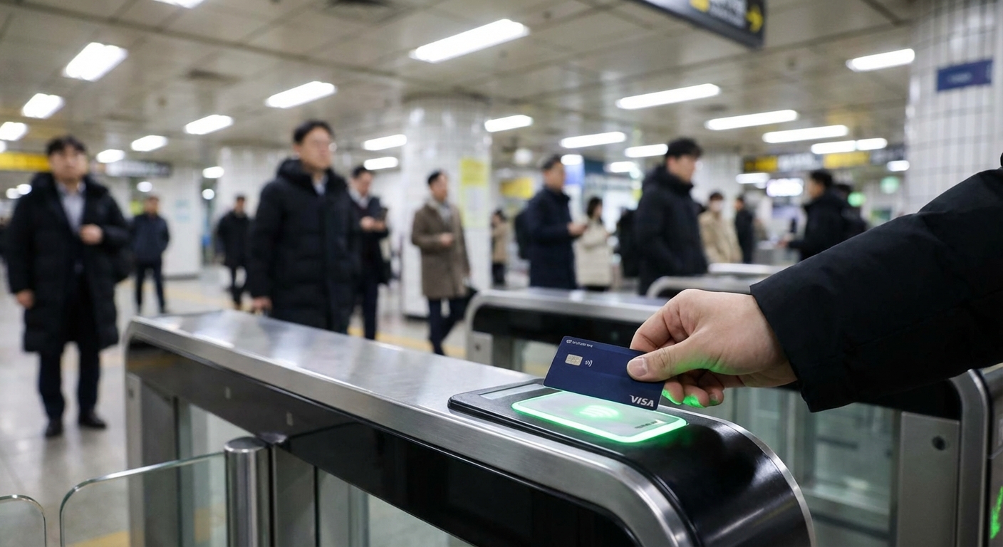 한 사람이 지하철 개찰구에서 카드로 결제하고 있다.