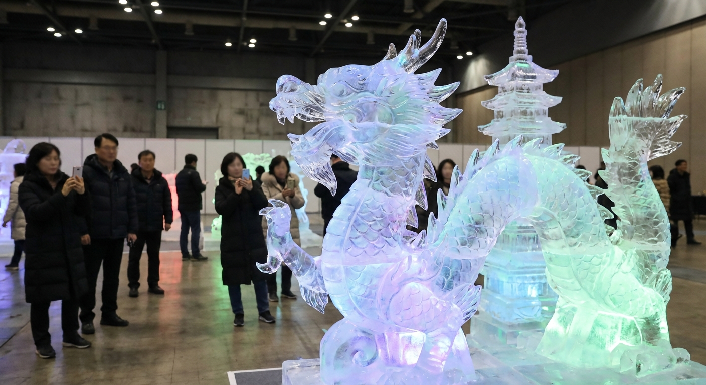 실내 얼음조각광장에서 정교하고 화려한 얼음 조각을 감상하는 사람들.