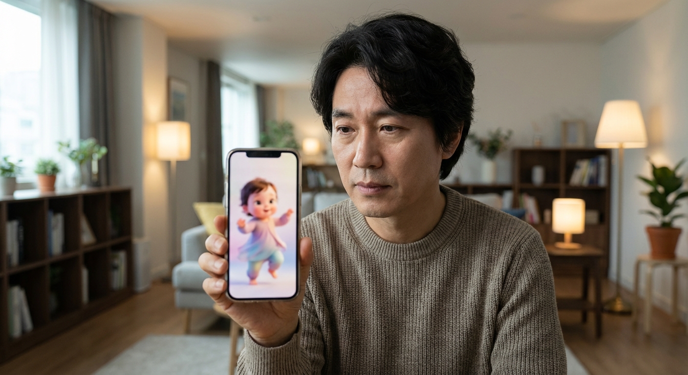 사진 한 장으로 AI 숏츠 영상 만드는 법: 2026년 앱으로 아기/강아지 댄스 영상까지 4 한국인 성인이 스마트폰으로 AI 아기 댄스 영상 미리보기를 집중해서 보는 모습