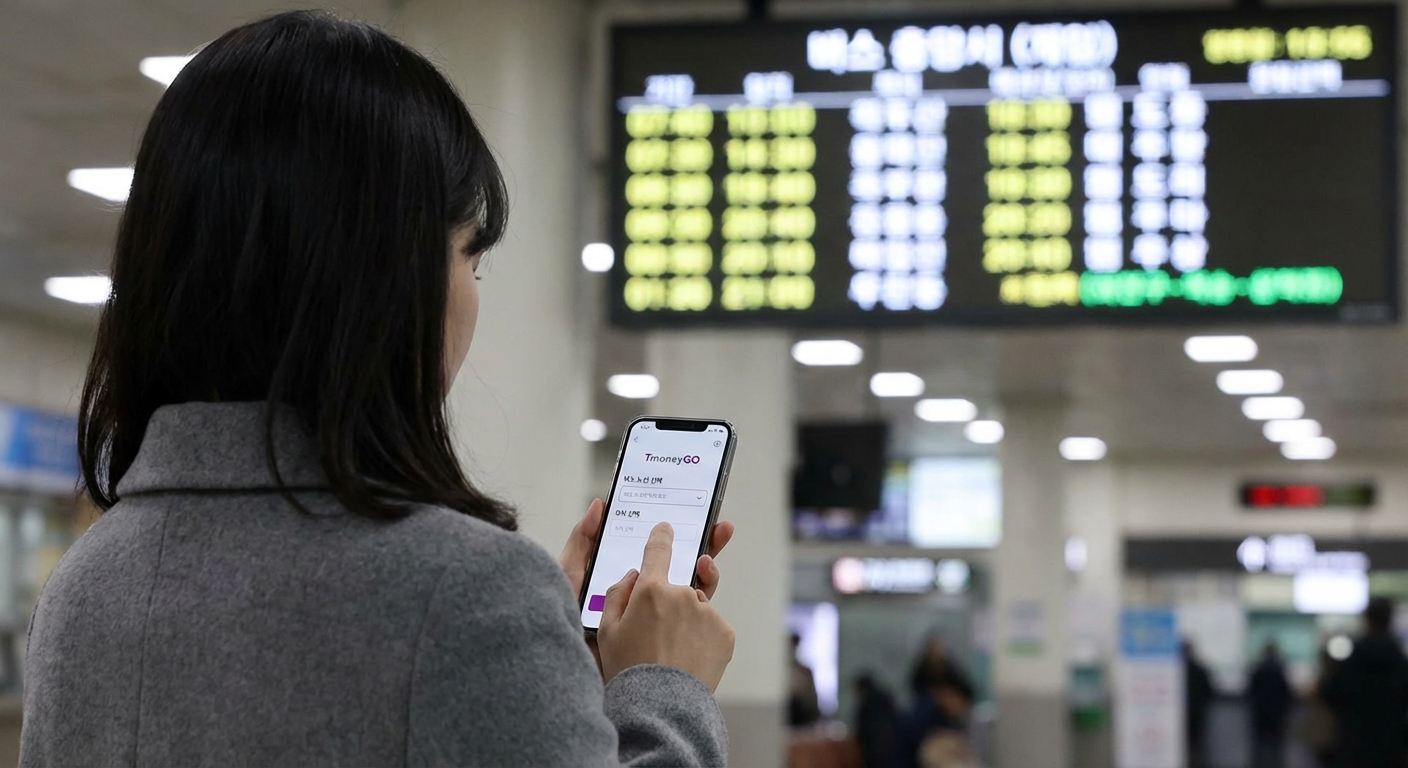 버스 터미널에서 티머니GO 앱으로 버스 노선과 좌석을 선택하는 한국 성인의 뒷모습.