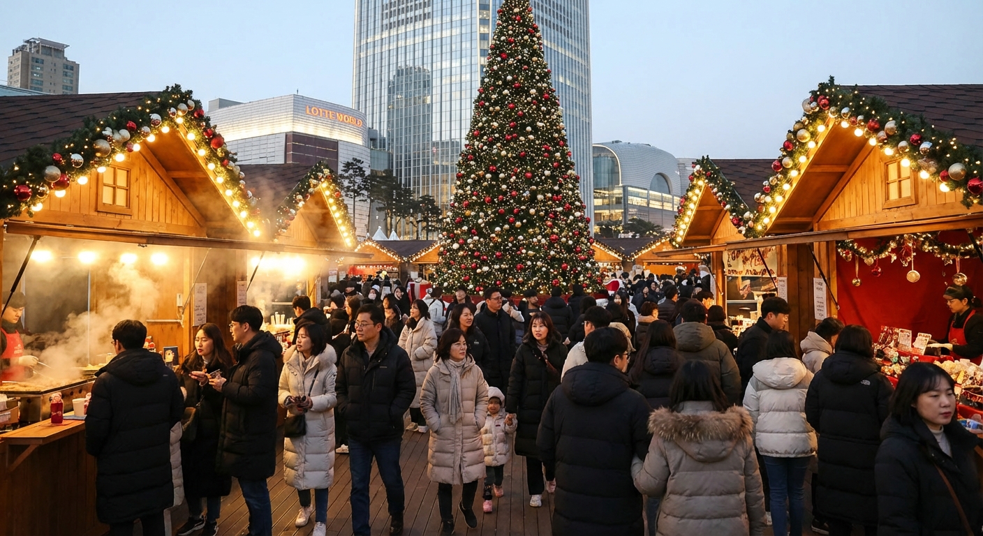 롯데월드타워 야외 크리스마스 마켓에서 장식된 가판대와 큰 트리를 배경으로 거니는 한국 성인들과 가족들