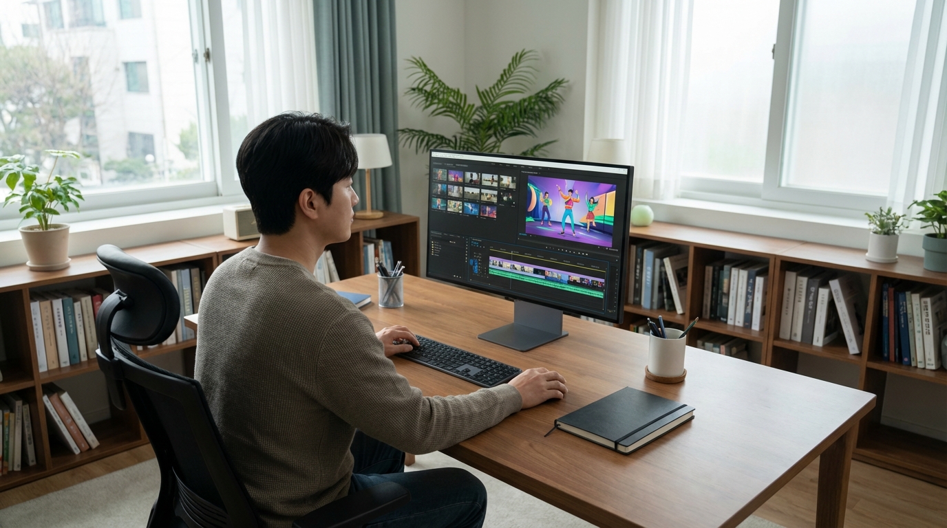 한국인 성인이 데스크톱 컴퓨터로 작업하고 있으며, 모니터에는 AI 댄스 영상 프로젝트가 열린 영상 편집 소프트웨어 인터페이스가 보입니다.