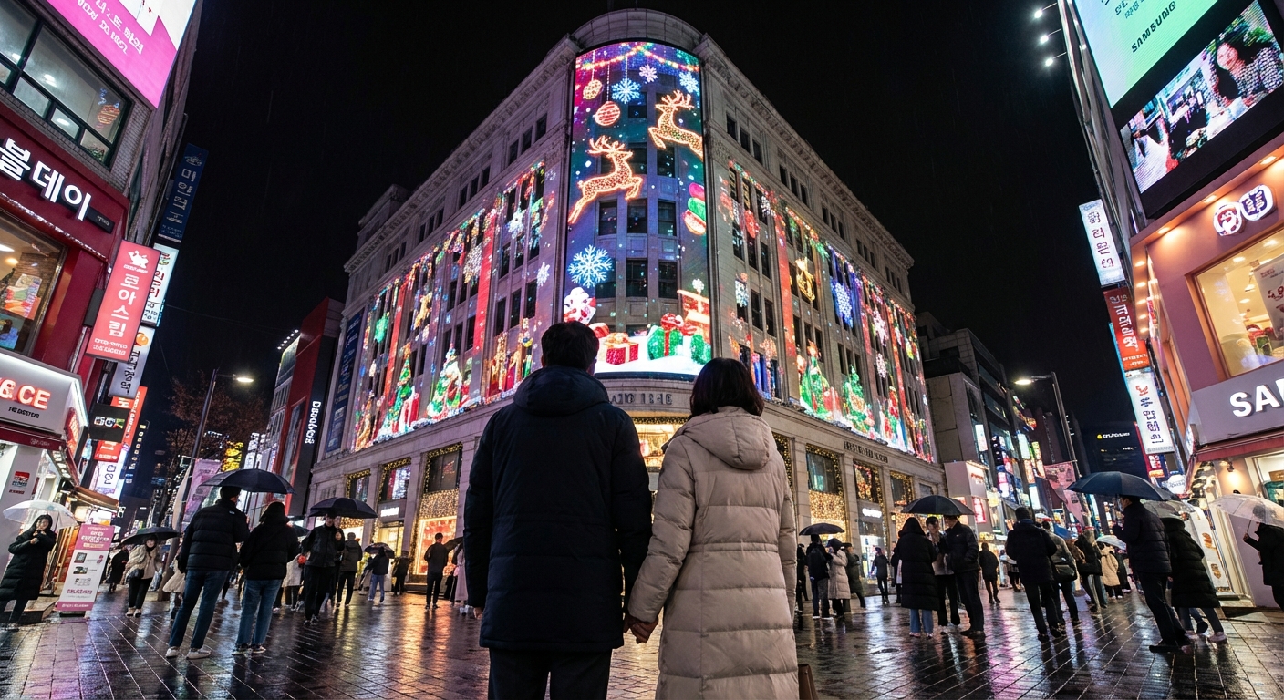 서울 명동에서 화려한 크리스마스 미디어 파사드가 상영되는 건물 앞에서 뒷모습으로 서 있는 한국인 커플