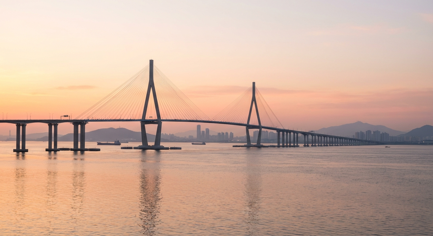 잔잔한 바다 위로 뻗어 있는 인천대교를 배경으로 떠오르는 장엄한 해돋이, 도시적이면서도 평화로운 새벽 풍경