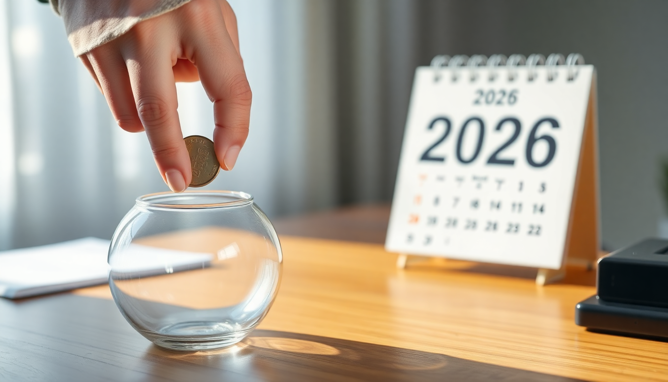 한 젊은 성인이 2026년 달력이 보이는 책상 위 투명한 돼지 저금통에 동전을 넣고 있는 모습.