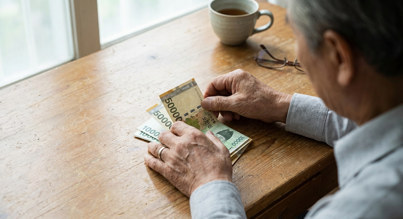 2026년 노인 복지 정책: 기초연금 인상과 저소득층 노인 지원 제도 변화 완벽 이해 2 한 한국인 어르신이 여러 장의 한국 원 지폐를 조심스럽게 들고 살펴보는 클로즈업 사진.