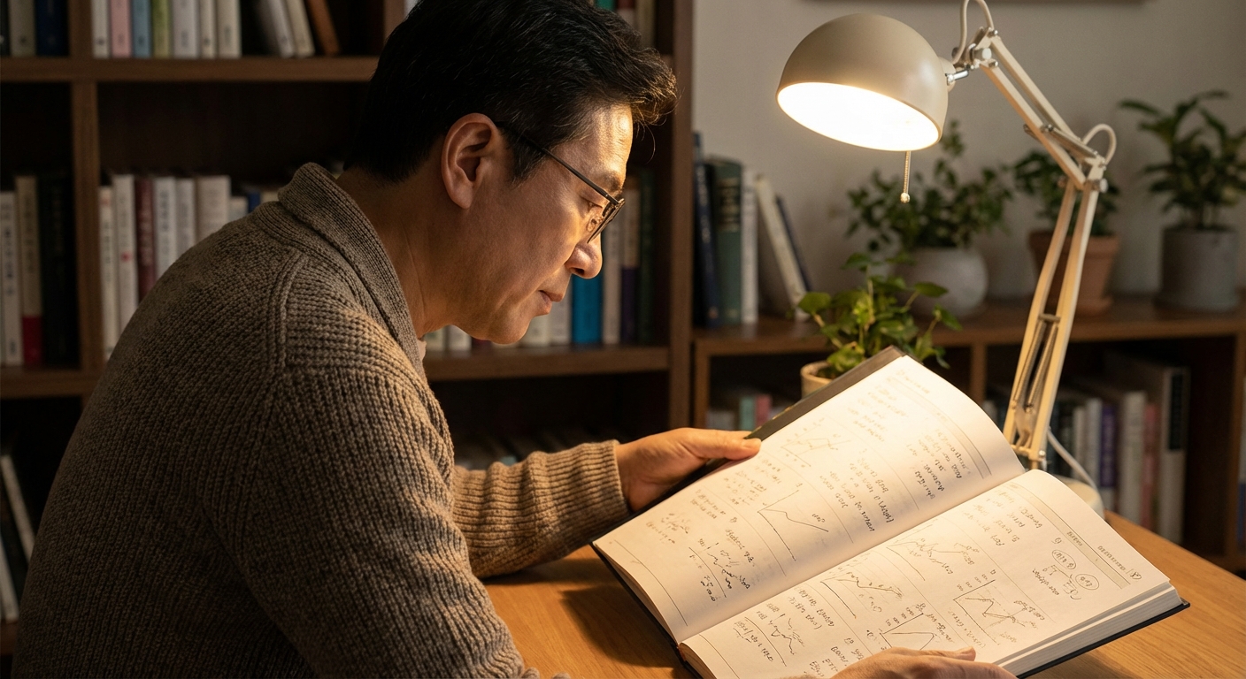 한국 성인이 책상에서 상세한 재무 달력을 검토하는 옆모습. 조용한 서재가 흐릿하게 배경에 보인다. 부드러운 스탠드 조명.