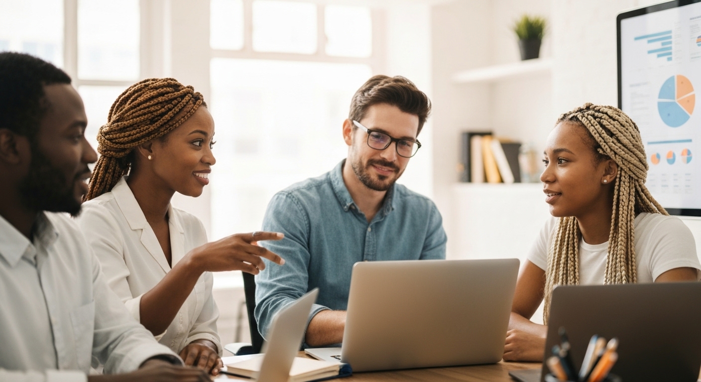 스타트업 팀이 협업 공간에서 노트북과 디지털 차트를 보며 활발히 논의하는 모습