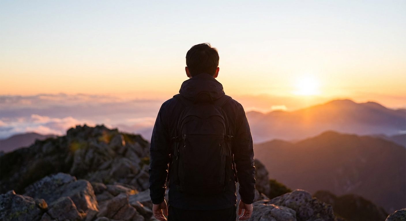 고요한 산등성이에서 떠오르는 해를 바라보는 한국 성인의 뒷모습