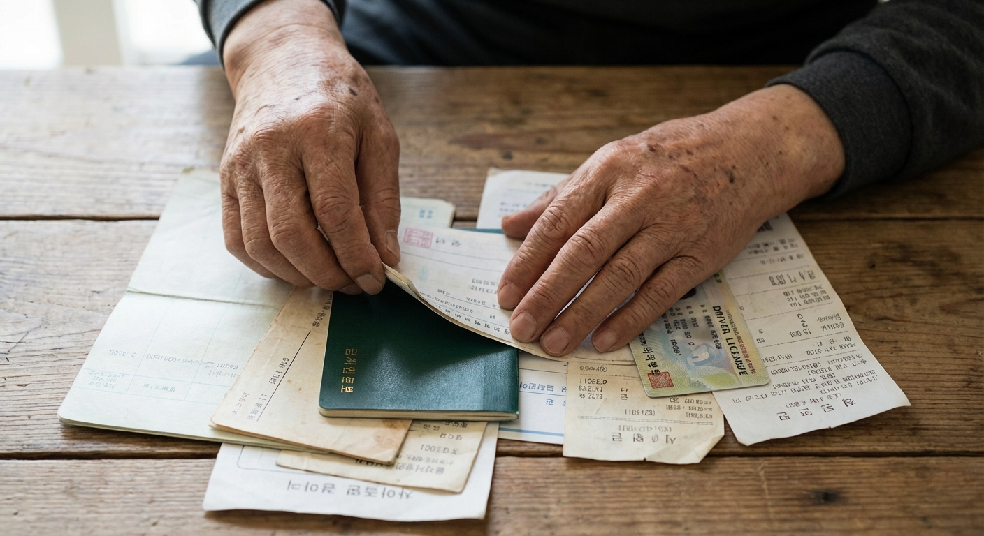 주민등록증과 통장 사본 등 기초연금 신청 서류를 정리하는 노년 남성의 손