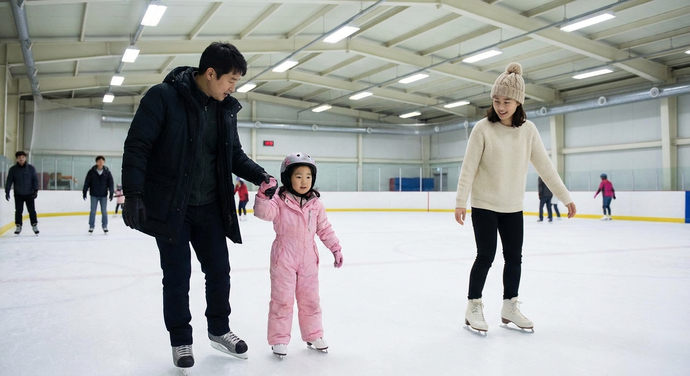 실내 빙상장에서 아빠가 어린 딸의 손을 잡고 스케이트를 가르치고 있고 엄마가 옆에서 스케이트를 타는 모습