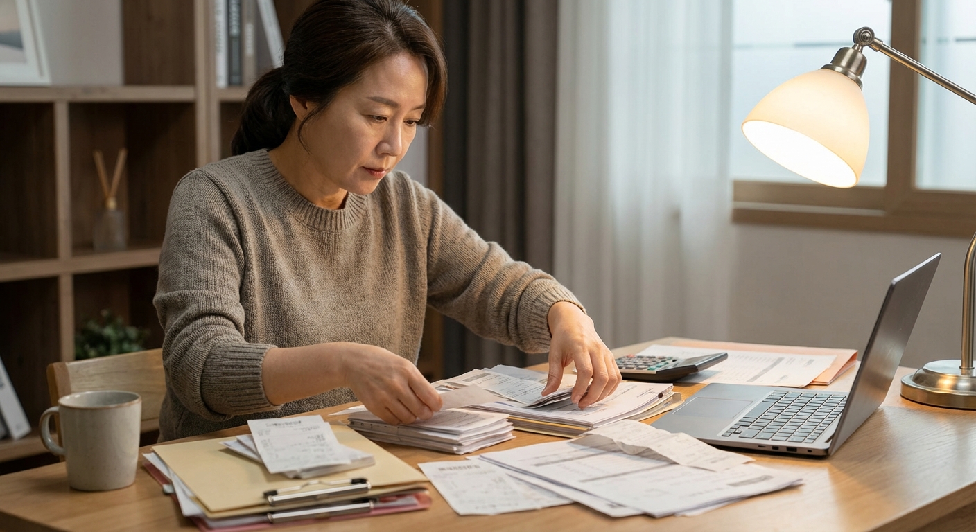 프리랜서가 세금 신고를 위해 영수증과 서류를 정리하는 모습