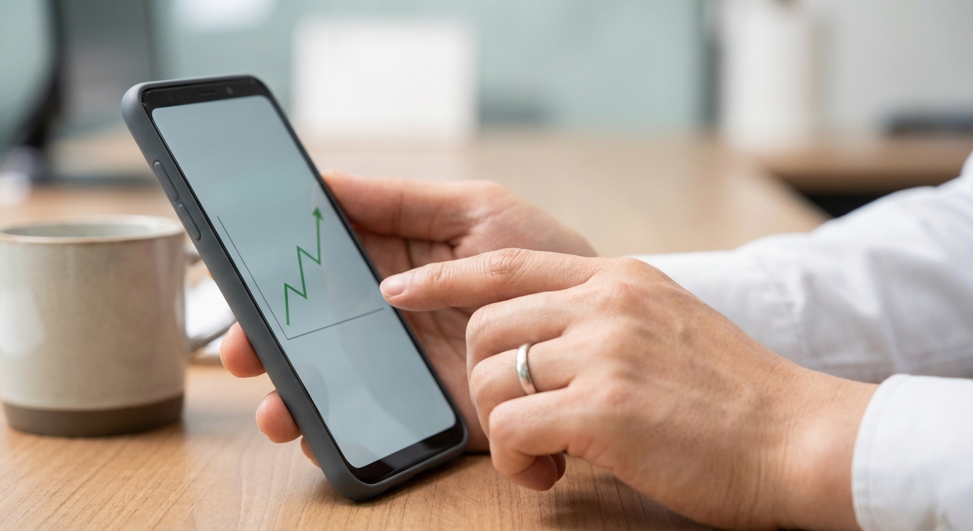주식 투자 앱을 보고 있는 한국 성인 손의 클로즈업