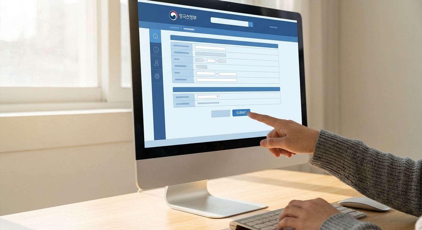 정부 웹사이트 화면을 보여주는 컴퓨터 앞에서 신청 버튼을 클릭하는 한국 청년의 손