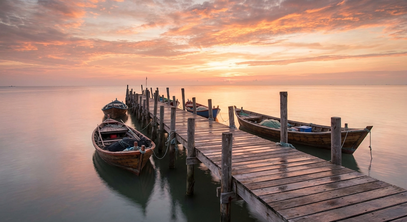 활기찬 일출 하늘 아래 잔잔한 바다로 뻗어 나가는 고요한 낚시 부두와 정박된 작은 전통 어선들