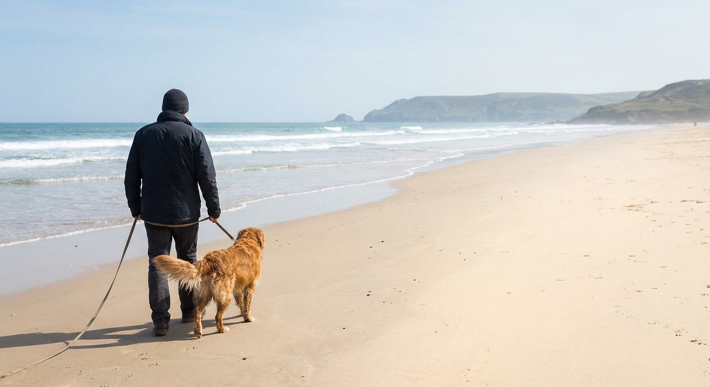 해변에서 반려견과 함께 산책하는 한국인 성인의 뒷모습