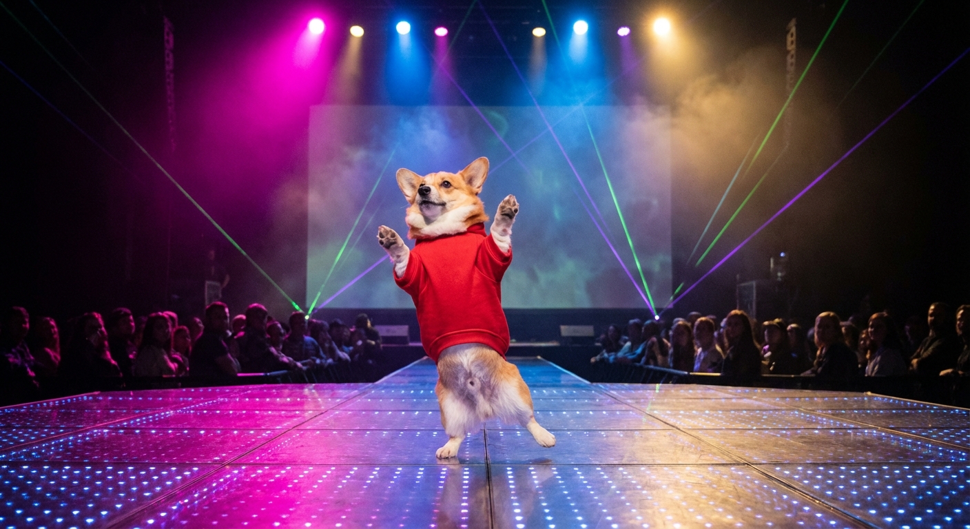 2026년 최신 Kling AI 사용법: 우리 집 반려동물 AI 댄스 영상 만들기 완벽 가이드 2 밝은색 후드를 입은 작은 코기 강아지가 활기차게 힙합 춤을 추는 모습을 미드샷으로 촬영한 사진. 배경에는 다채로운 레이저 조명이 있다.