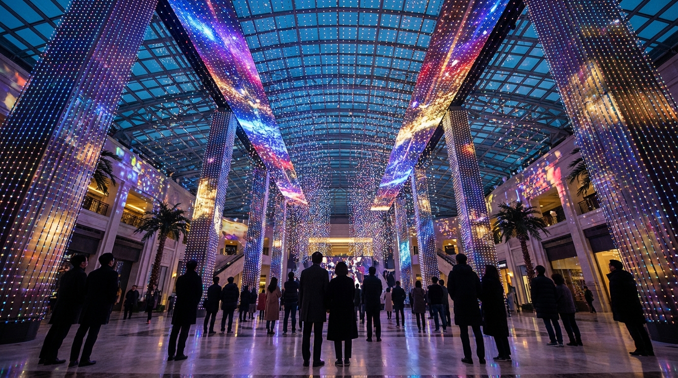 화려한 조명 쇼로 빛나는 파라다이스 시티 실내 광장에서 쇼를 감상하는 사람들.