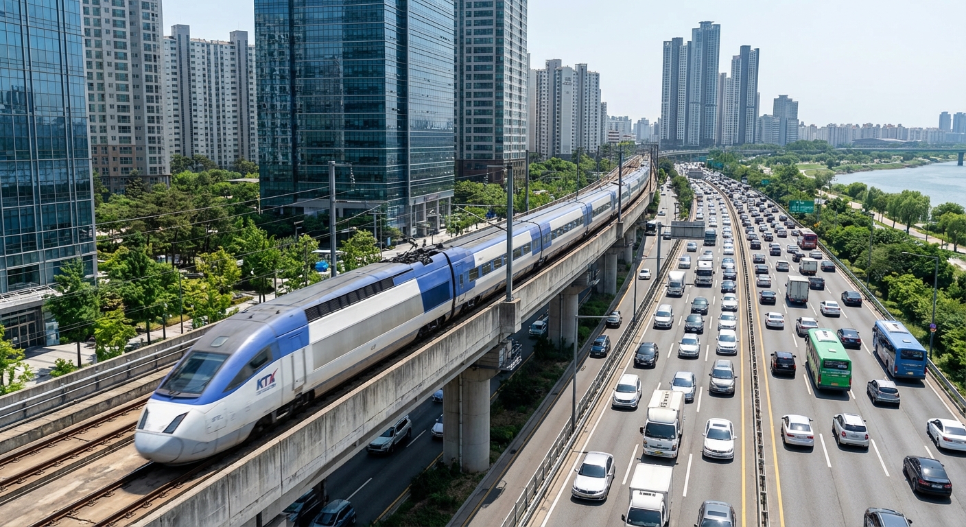 고속도로 정체와 대비되어 빠른 속도로 달리는 KTX 열차의 모습