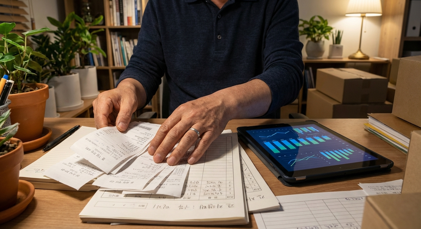 재무 서류와 태블릿의 차트를 검토하는 한국 중소기업 대표의 손
