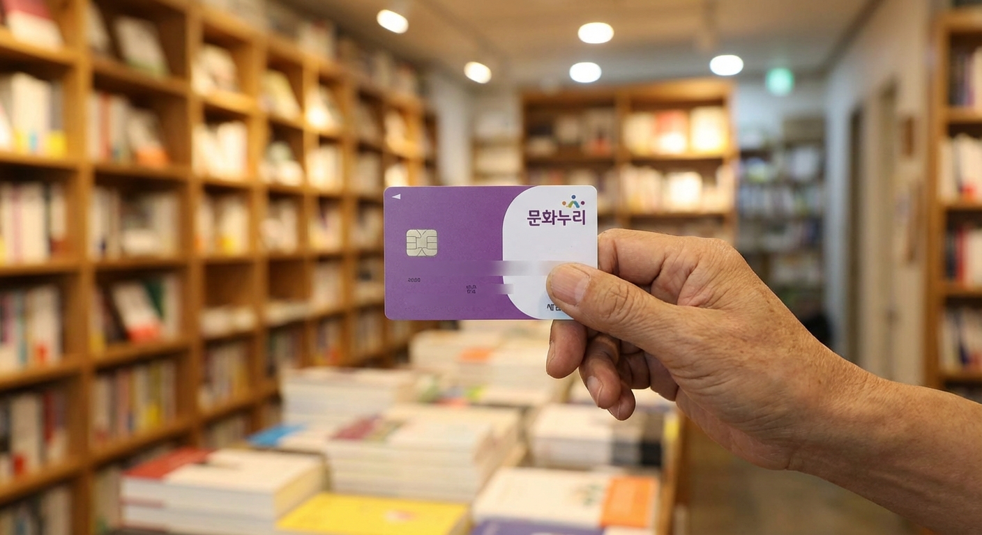 한 손에 문화누리카드를 들고 있는 모습. 배경은 책이 진열된 서점이며, 초점이 맞지 않아 흐릿하게 보인다.