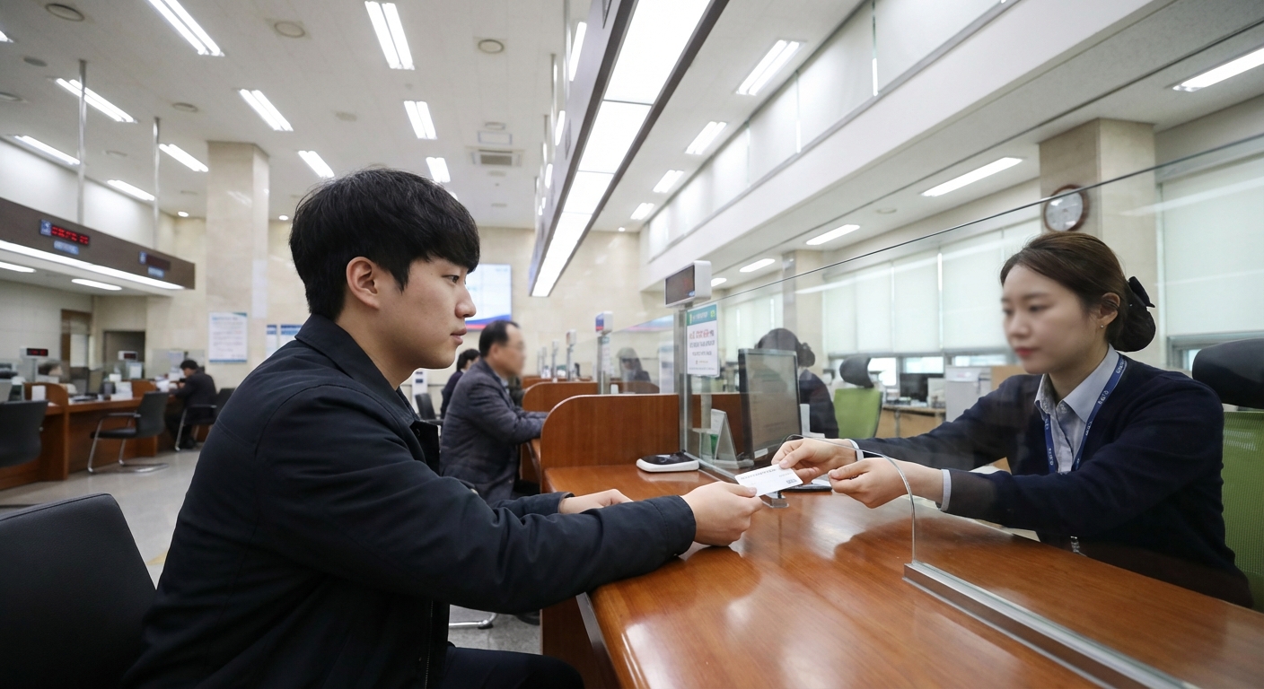 병역판정검사장 은행 창구에서 나라사랑카드를 발급받는 청년.