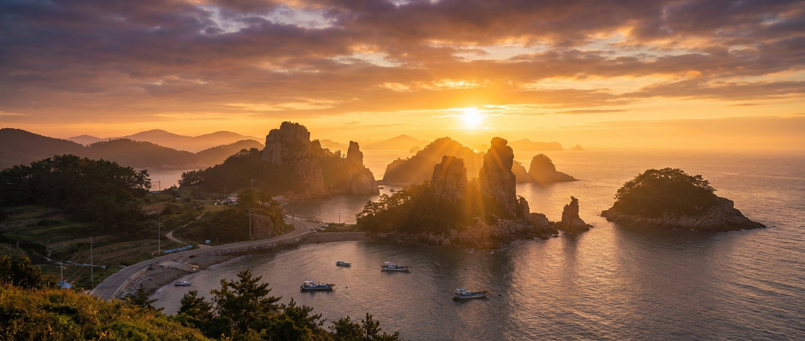 당진 왜목마을에서 기암괴석과 섬 너머로 떠오르는 해