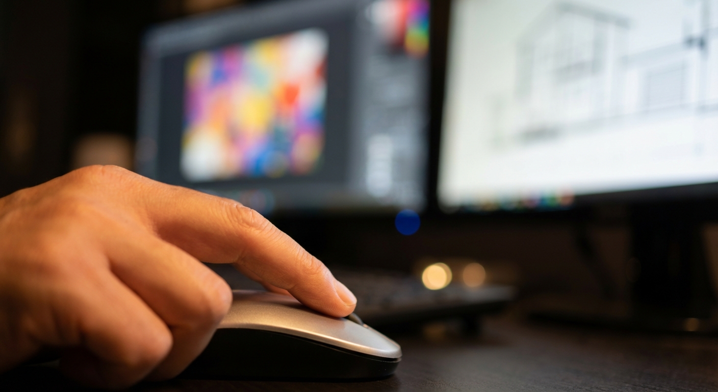 자신의 목적에 맞는 AI 이미지 생성 도구를 선택하여 마우스를 단호하게 클릭하는 사람의 손 클로즈업.