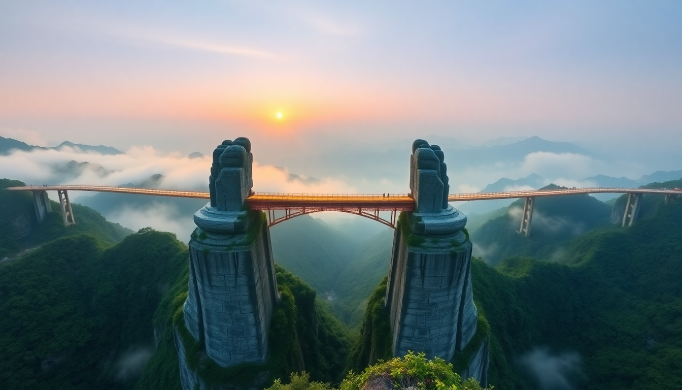 안개가 자욱한 아침, 베트남 바나힐의 골든 브릿지를 두 개의 거대한 손이 받치고 있는 장엄한 풍경