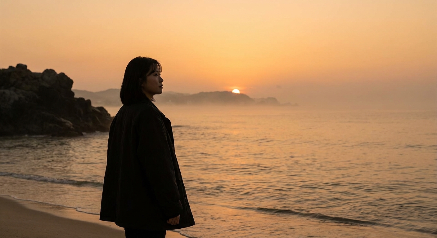 동해 바다 위로 떠오르는 해를 바라보는 한 여성의 실루엣이 담긴 썸네일 이미지