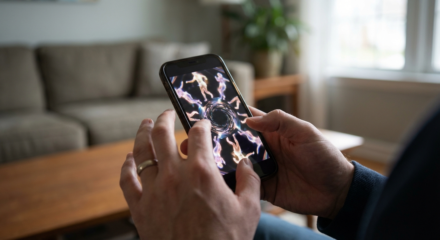 한국 성인이 스마트폰을 들고 있으며, 화면에서는 AI가 생성한 역동적인 춤 영상이 재생되고 있는 클로즈업 이미지.