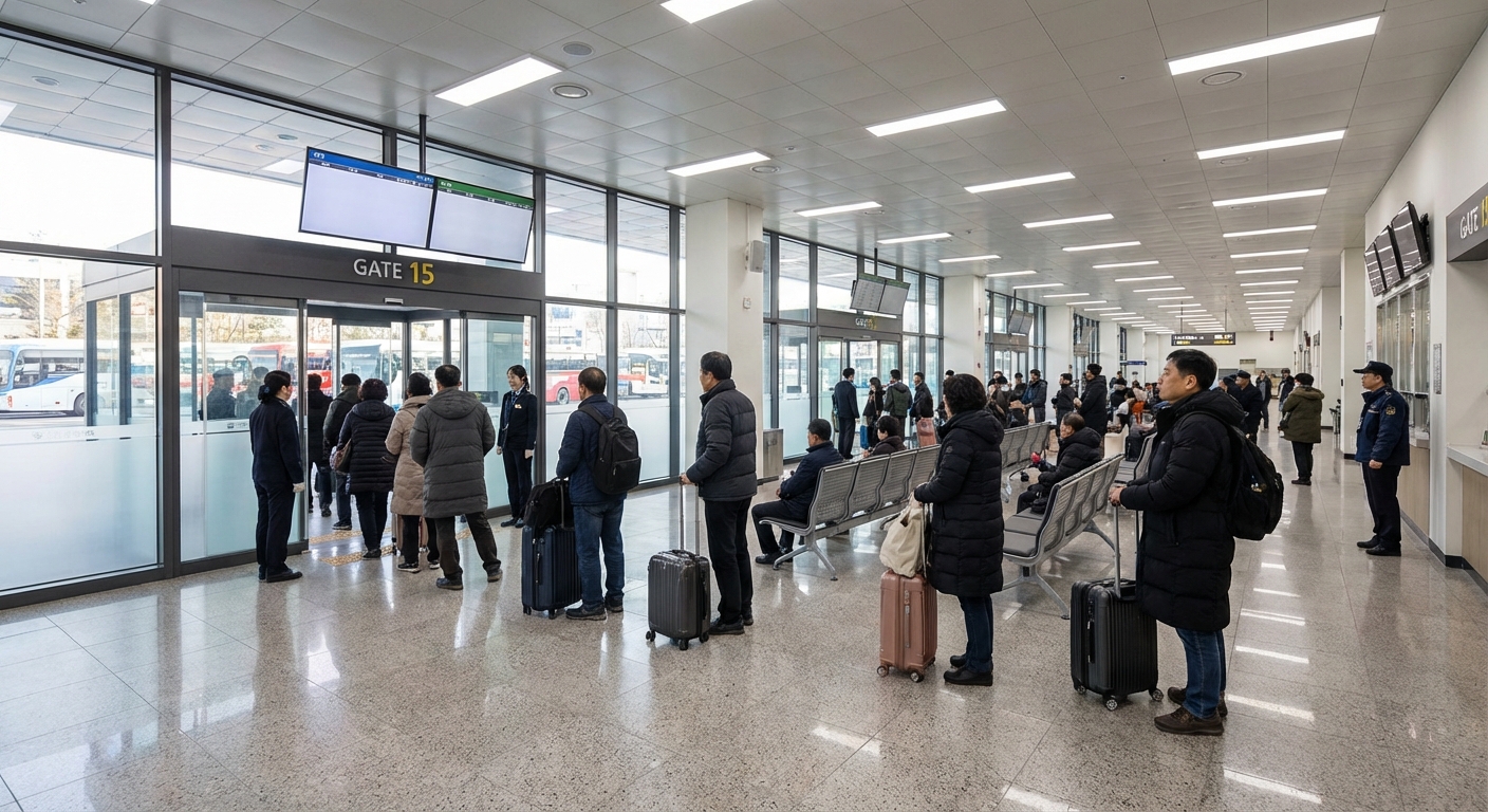 수하물을 들고 버스 출발 게이트 근처에서 기다리는 여러 한국 성인들