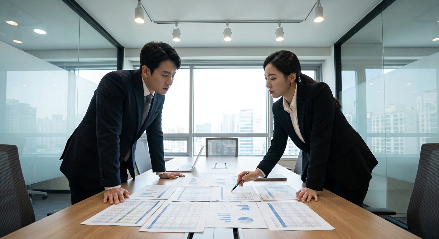 한국 성인 두 명이 사무실에서 금융 차트와 문서를 보며 진지하게 대화하는 모습