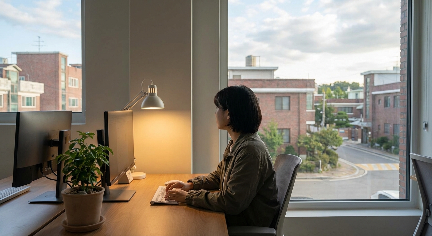 창밖으로 보이는 비수도권 도시 풍경을 바라보며 사무실 책상에 앉아있는 한국 청년의 뒷모습
