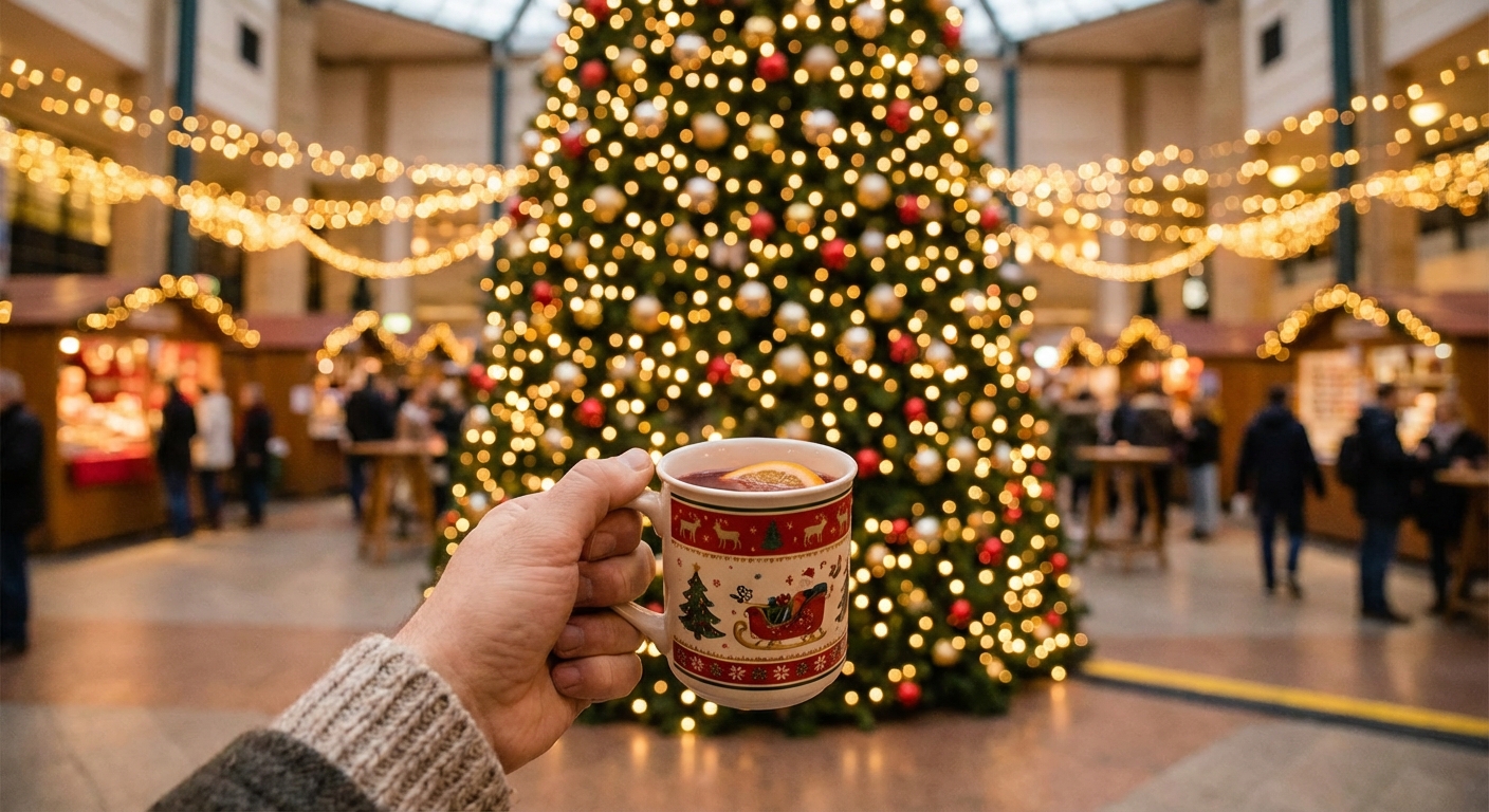 크리스마스 장식과 함께 따뜻한 음료를 들고 있는 한국 성인의 손.