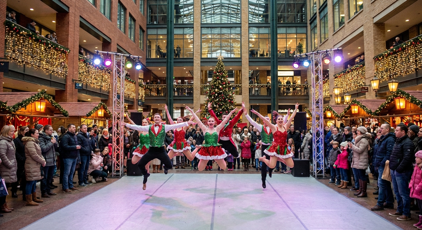 크리스마스 이벤트 중 실내 광장 무대에서 공연자들이 역동적으로 공연하는 모습.