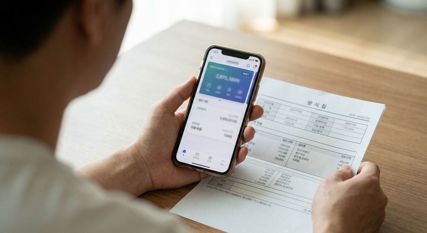 한국 성인 직장인의 손이 월급이 찍힌 휴대폰 뱅킹 앱과 급여 명세서를 들고 있는 클로즈업