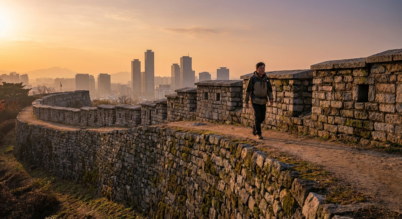 남한산성 성벽을 따라 걷는 한국 성인과 멀리 보이는 서울 도심 위로 떠오르는 해