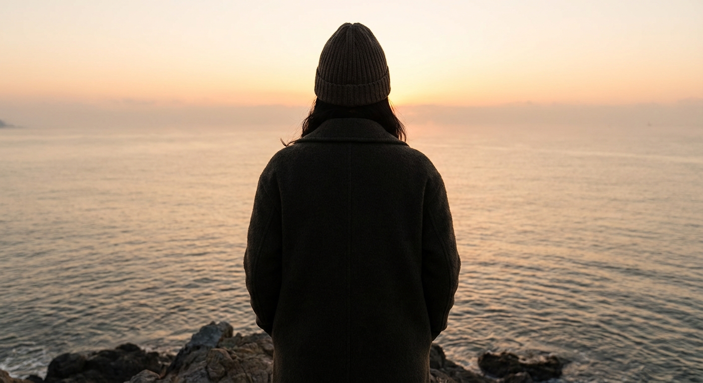 따뜻한 옷을 입은 한국 성인이 잔잔한 서해 바다 위로 떠오르는 해를 바라보는 모습.