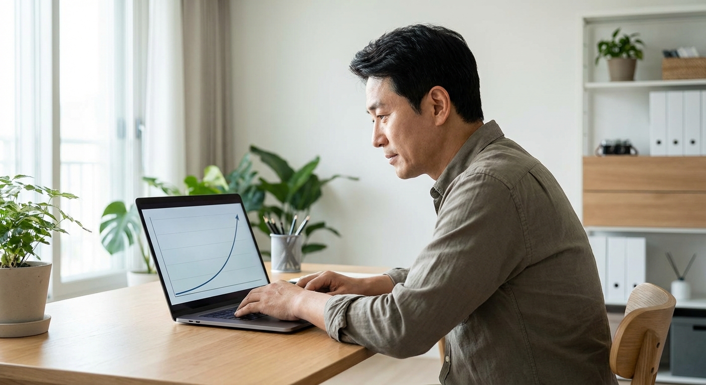 노트북 화면에서 복리 효과를 보여주는 장기 투자 성장 차트를 유심히 보는 한국 성인