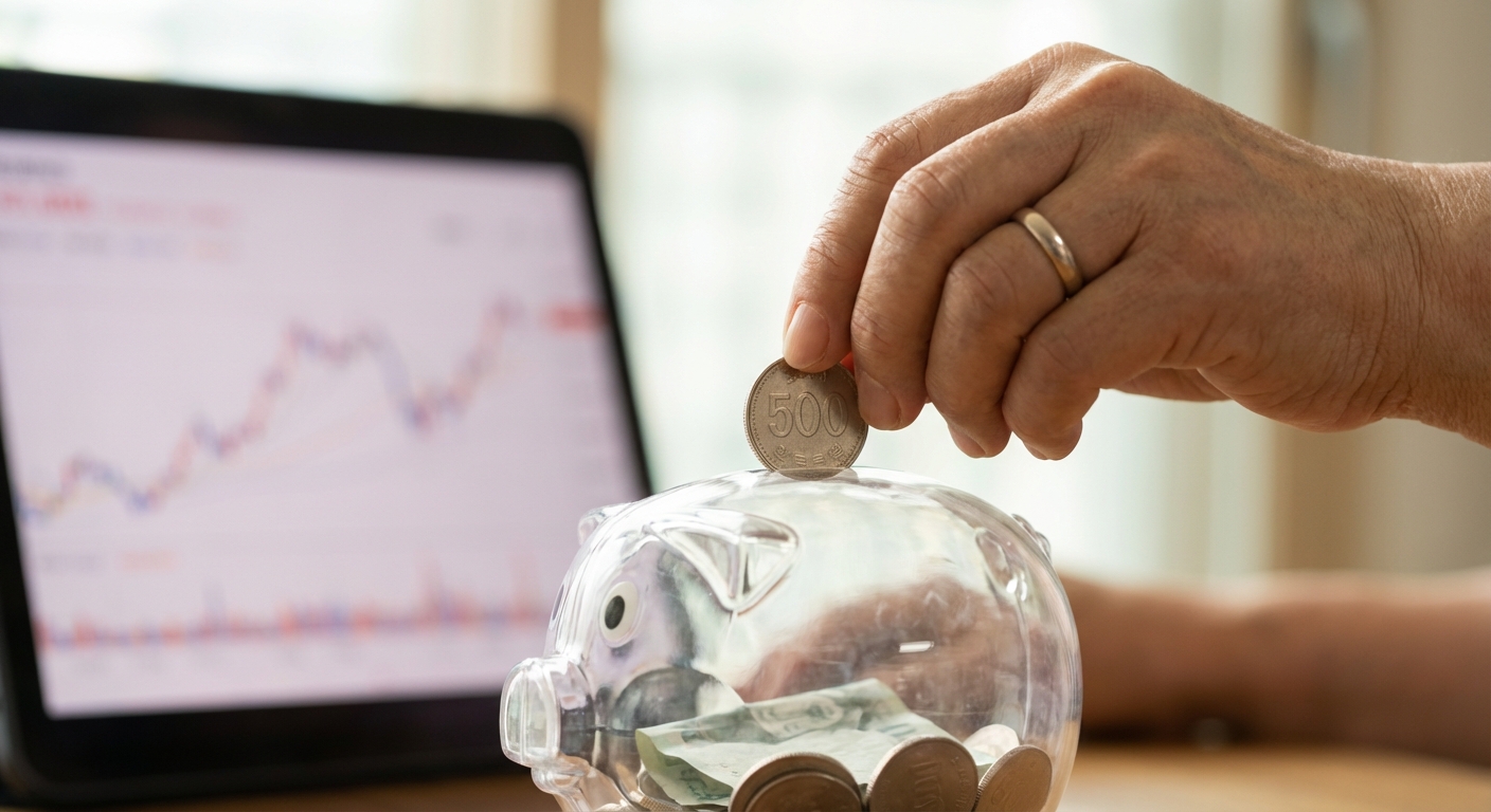 한국 성인의 손이 주식 차트가 배경에 있는 투명한 돼지 저금통에 동전을 넣는 클로즈업 사진.