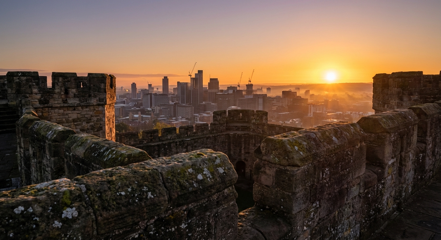 고즈넉한 남한산성 성곽 너머로 떠오르는 해와 도시 스카이라인이 보이는 장엄한 일출