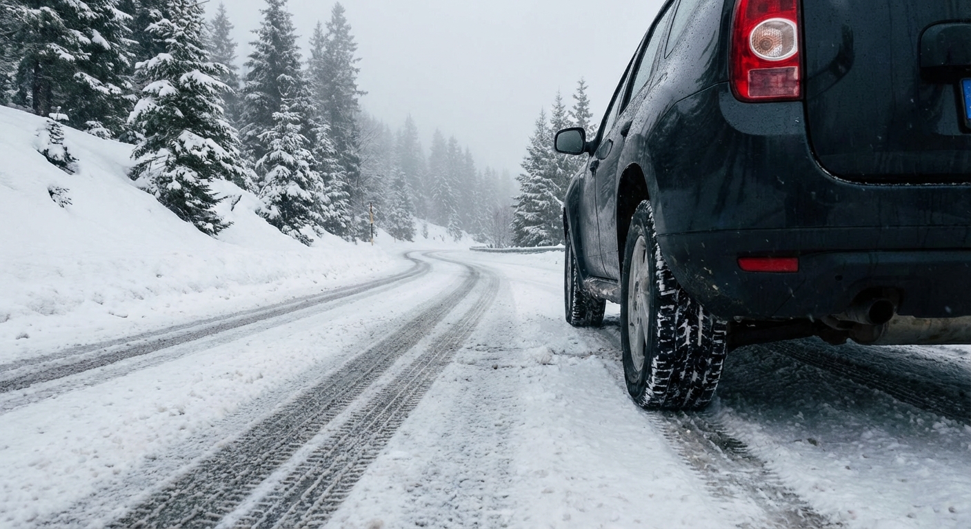 눈 덮인 산길을 주행하는 자동차의 뒷모습, 도로에 선명한 타이어 자국, 눈 덮인 나무들로 둘러싸인 풍경