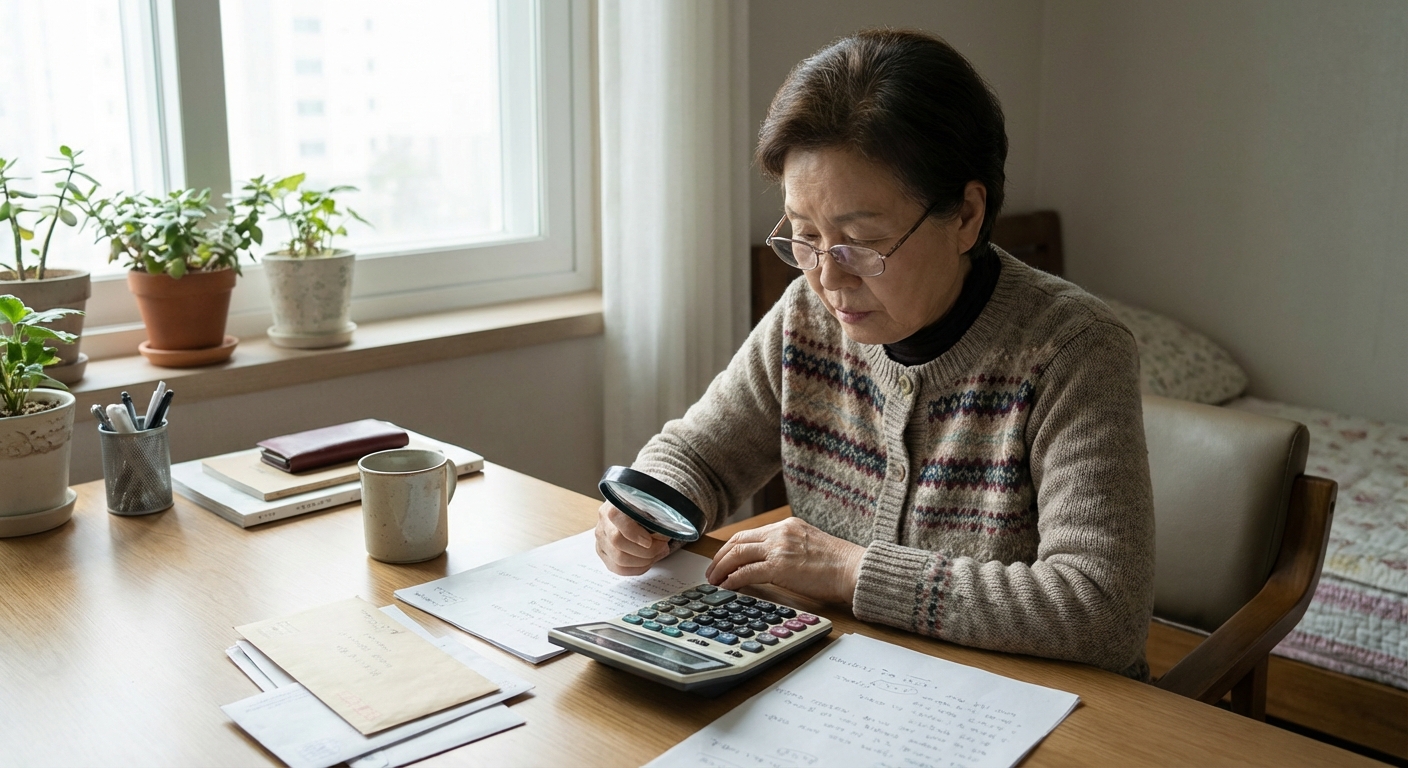 집에서 계산기를 들여다보며 재정 계획을 세우는 한국인 노년 여성.