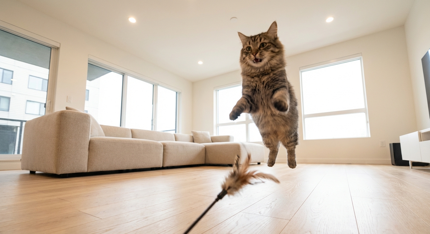 장난감을 잡으려 공중으로 점프하는 고양이의 활기찬 모습